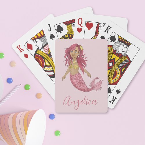Pretty Pink Mermaid Happy Birthday Custom Name  Playing Cards