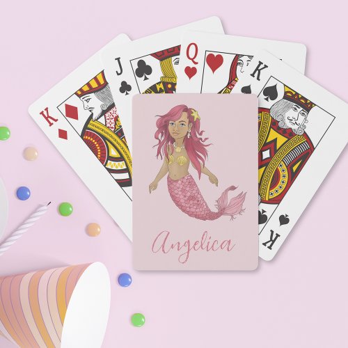 Pretty Pink Mermaid Happy Birthday Custom Name  Poker Cards