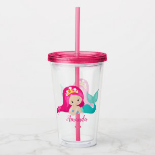 Pretty Pink Mermaid Personalized Kids Child Acrylic Tumbler