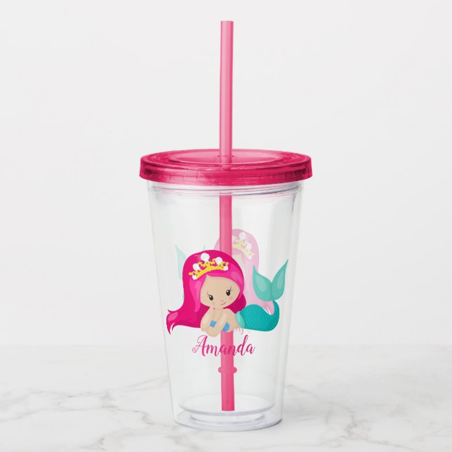 Pretty Pink Mermaid Personalized Kids Child Acrylic Tumbler (Front)