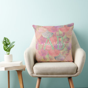 Pretty Pink Mermaid Scales Monogram Pillow