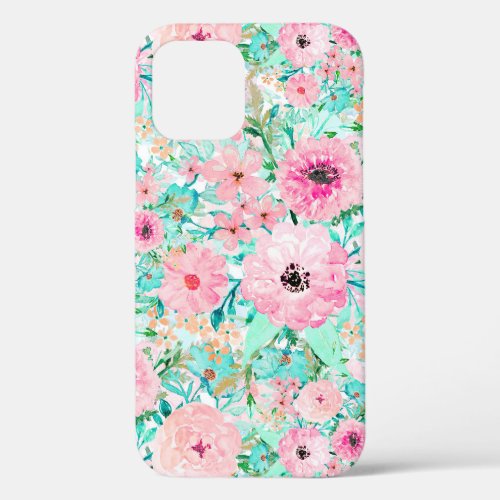 Pretty Pink  Mint Floral watercolor Hand Paint iPhone 12 Case