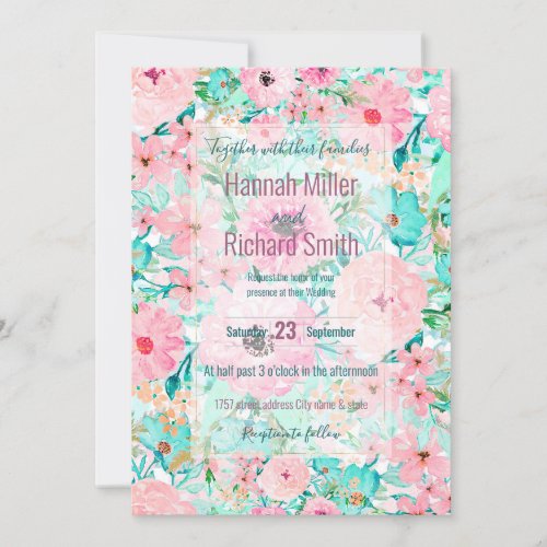 Pretty Pink  Mint Floral watercolor Hand Paint Invitation