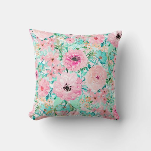 Pretty Pink  Mint Floral watercolor Hand Paint Throw Pillow