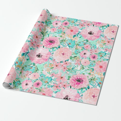 Pretty Pink  Mint Floral watercolor Hand Paint Wrapping Paper