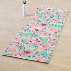Pretty Pink & Mint Floral watercolor Hand Paint Yoga Mat