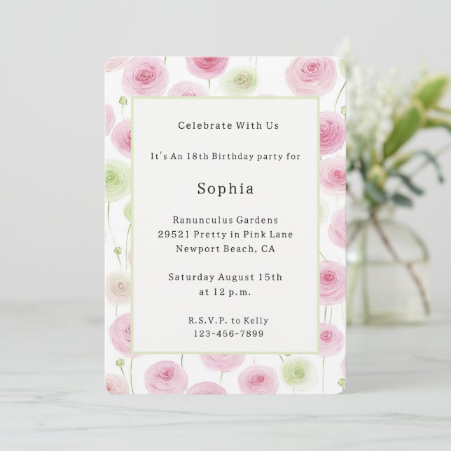 Pretty Pink Mint Ranunculus Birthday   Invitation (Standing Front)