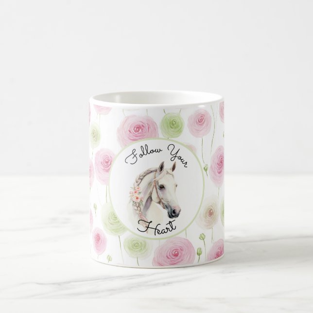 Pretty Pink Mint Ranunculus Horse Coffee Mug (Center)