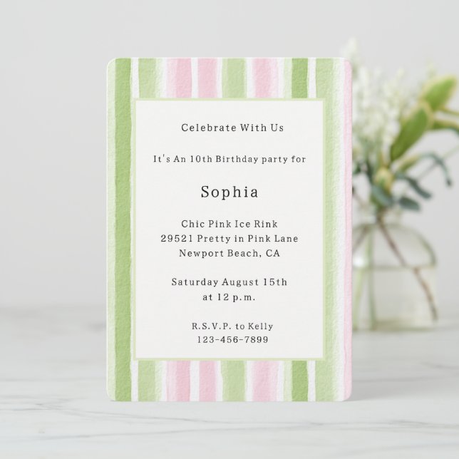 Pretty Pink Mint Stripes Birthday   Invitation (Standing Front)
