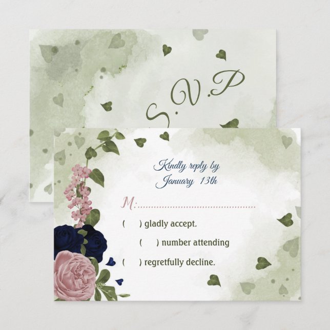 pretty pink & navy blue flowers greenery RSVP card (Front/Back)