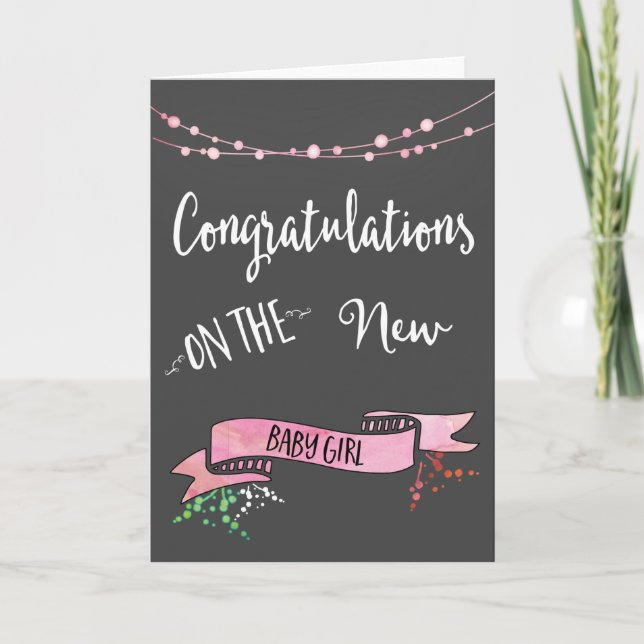 Pretty Pink New Baby Girl Congratulations Card (Front)