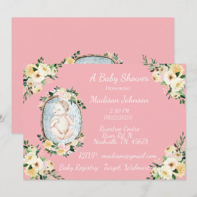 Pretty Pink Newborn Baby Girl Shower Invitation (Front/Back)