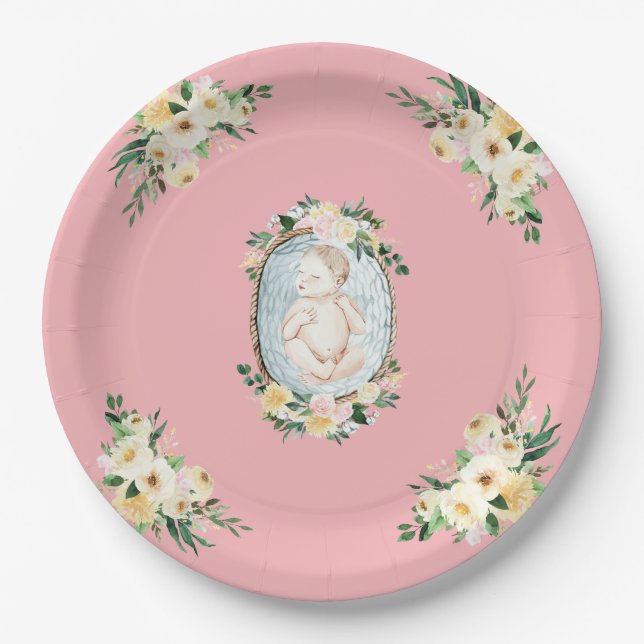Pretty Pink Newborn Baby Girl Shower Paper Plates (Front)