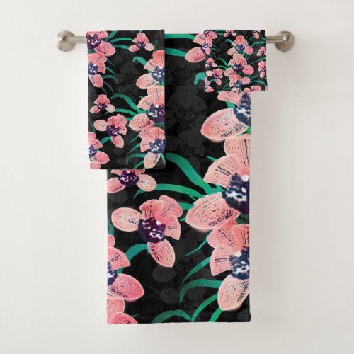 Pretty Pink Orchid Flower Paint Black design Bath Towel Set
