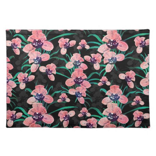 Pretty Pink Orchid Flower Paint Black design Cloth Placemat