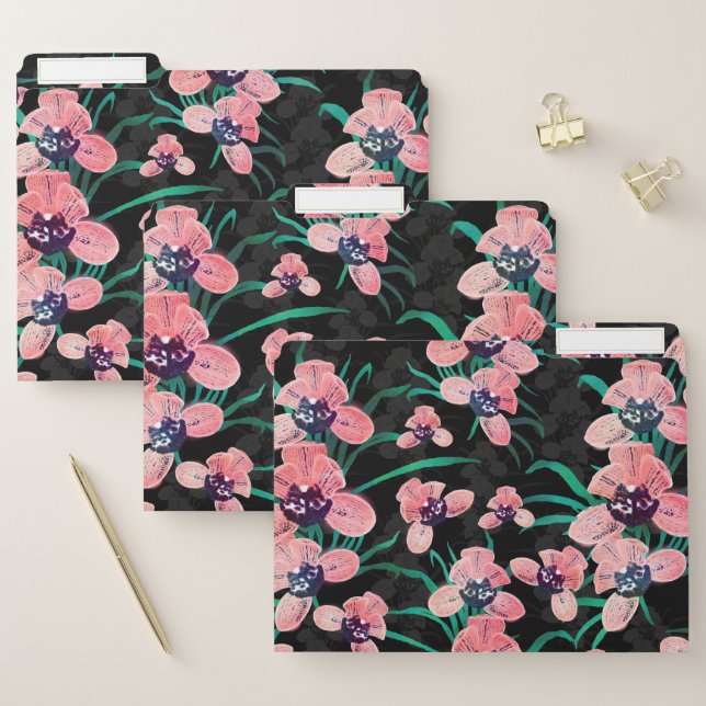 Pretty Pink Orchid Flower Paint Black design File Folder (Set)