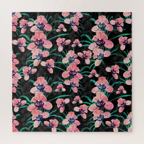 Pretty Pink Orchid Flower Paint Black design Jigsaw Puzzle