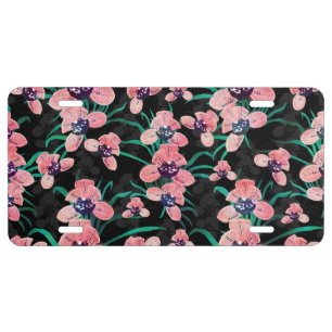 Pretty Pink Orchid Flower Paint Black design License Plate