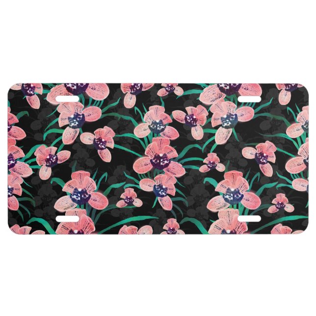 Pretty Pink Orchid Flower Paint Black design License Plate (Front)