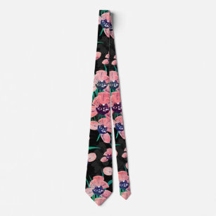 Pretty Pink Orchid Flower Paint Black design Neck Tie