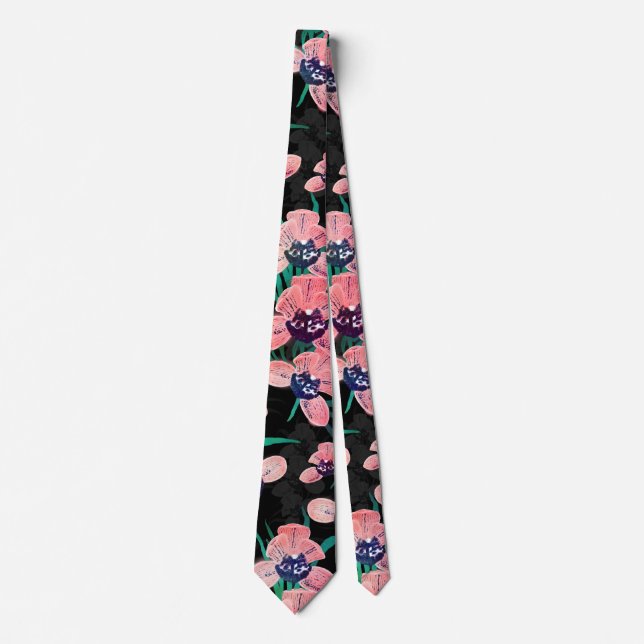 Pretty Pink Orchid Flower Paint Black design Neck Tie (Front)