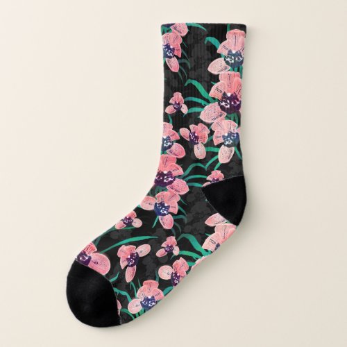 Pretty Pink Orchid Flower Paint Black design Socks