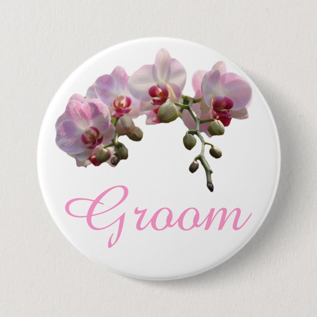 pretty pink orchid flowers groom wedding button (Front)