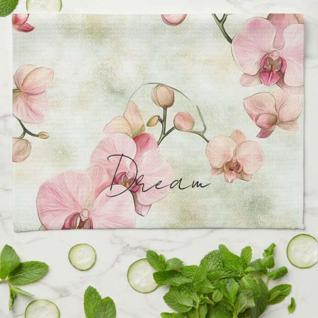 Pretty Pink Orchids Kitchen Towel (Folded)