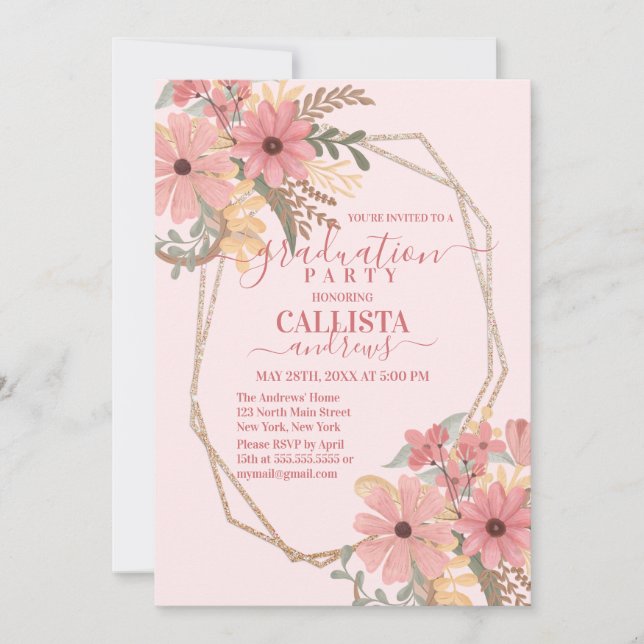 Pretty Pink Painted Flowers Glitter Frame Birthday Invitation (Front)