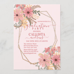 Pretty Pink Painted Flowers Glitter Frame Birthday Invitation