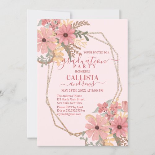 Pretty Pink Painted Flowers Glitter Frame Birthday Invitation