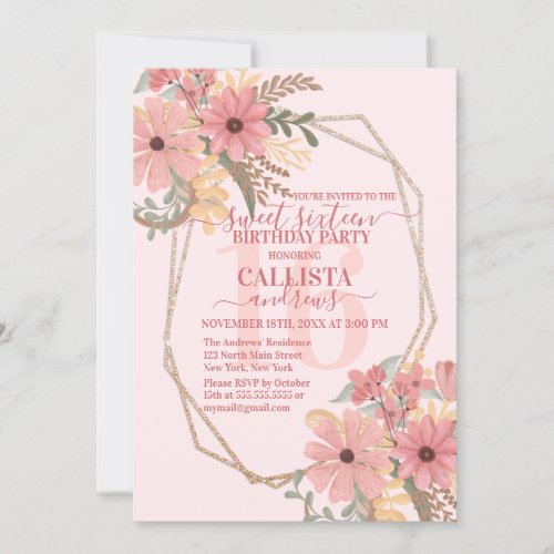 Pretty Pink Painted Flowers Glitter Frame Sweet 16 Invitation