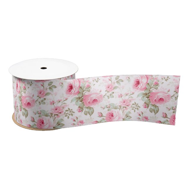 Pretty Pink Painted Roses  Satin Ribbon (Spool)
