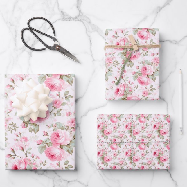 Pretty Pink Painted Roses  Wrapping Paper Sheets (Front)