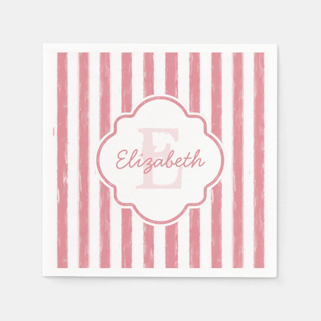 Pretty Pink Painted Stripes Monogram and Name Napkins (Front)
