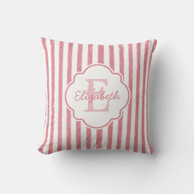 Pretty Pink Painted Stripes Monogram and Name Throw Pillow (Front)