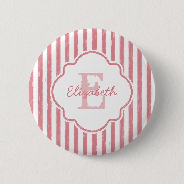 Pretty Pink Painted Stripes Monogram With Name Pinback Button (Front)