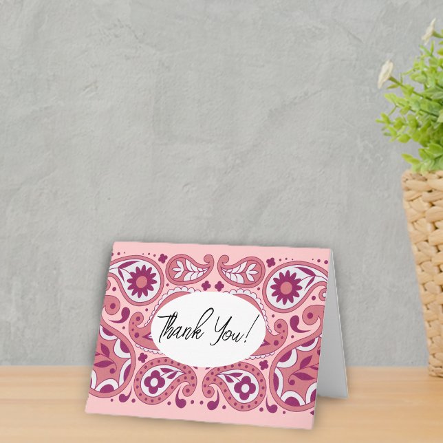Pretty Pink Paisley Pattern Flowers Tear Drops Thank You Card (Pretty pink paisley pattern with tear drops and flowers on small all occasion thank you card.)