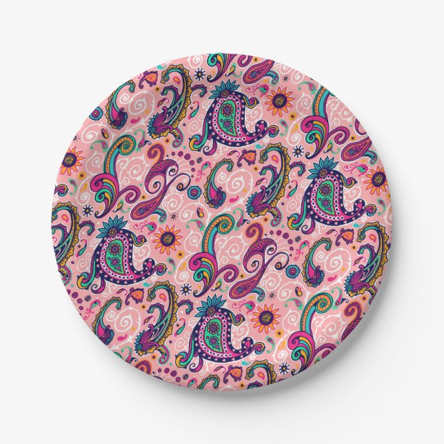 Pretty Pink Paisley Pattern Paper Plates (Front)