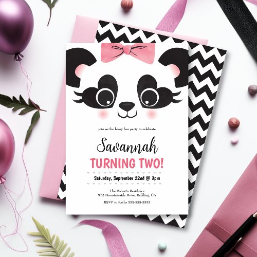 Pretty Pink Panda Bear Girls Birthday Invitation