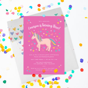 Pretty Pink Pastel Rainbow Unicorn Birthday Party Invitation