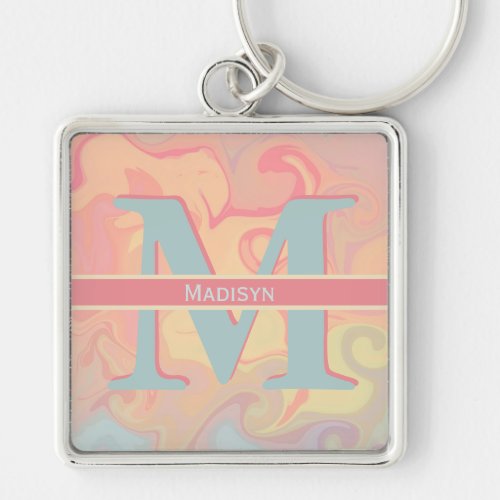 Pretty Pink Pastel Swirl Monogram Initial Name Keychain