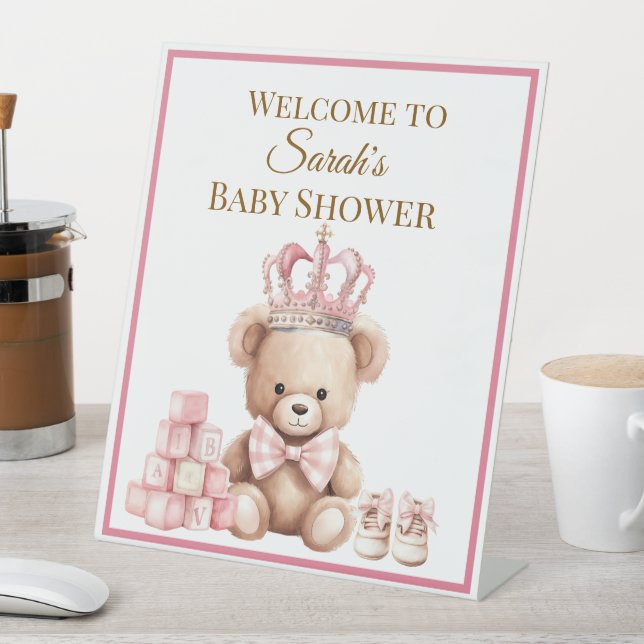 Pretty Pink Pastel Teddy Bear Baby Shower  Pedestal Sign (In SItu)