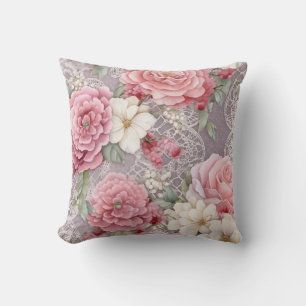 Pretty Pink Pastel Watercolor Floral & Lace Throw Pillow