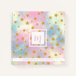 Pretty Pink Pastel with Gold Stars Monogram Square Notebook