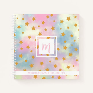 Pretty Pink Pastel with Gold Stars Monogram Square Notebook