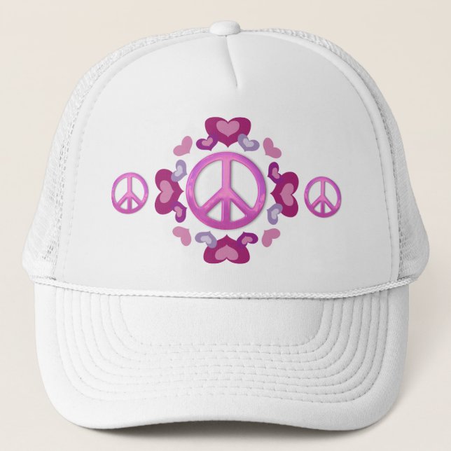 Pretty Pink Peace Sign and Hearts Trucker Hat (Front)