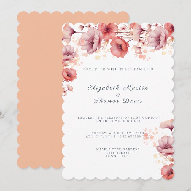 Pretty Pink, Peach Fuzz, Watercolor Wedding Invitation (Front/Back)