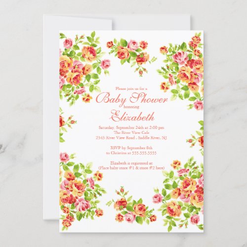 Pretty Pink Peach Rose Floral BabyShower Personalized Invitation