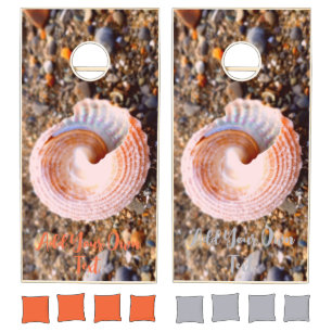 PRETTY PINK PEACH SEASHELL STONY SHELL BEACH PHOTO CORNHOLE SET